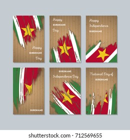 Suriname Patriotic Cards for National Day. Expressive Brush Stroke in National Flag Colors on kraft paper background. Suriname Patriotic Vector Greeting Card.