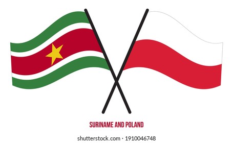 Suriname and Poland Flags Crossed And Waving Flat Style. Official Proportion. Correct Colors.