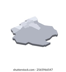 Suriname political map of administrative divisions - districts. 3D isometric blank vector map in shades of grey.