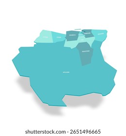 Mapa político de divisões administrativas do Suriname - distritos. Mapa de vetor turquesa 3D com rótulos de nome.