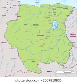 Suriname political map with capital , cities, towns, national borders, rivers and lakes. labeling