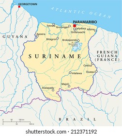 Suriname Political Map with capital Paramaribo, national borders, most important cities, rivers and lakes. Illustration with labeling and scaling.