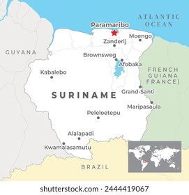 Suriname Political Map with capital Paramaribo, most important cities with national borders