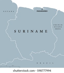 Suriname political map with capital Paramaribo, national borders and neighbors. Also Surinam, a republic and country in South America.  Gray illustration white background. English labeling. Vector.