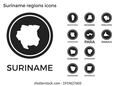 Suriname regions icons. Black round logos with country regions maps and titles. Vector illustration.