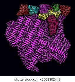 Suriname Regions Word Clouds. Bright neon style design on dark background. Region names of the country in Dutch language. Country shape with administrative division. Vibrant vector illustration.