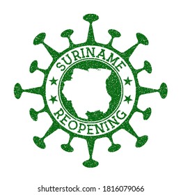 Suriname Reopening Stamp. Green round badge of country with map of Suriname. Country opening after lockdown. Vector illustration.