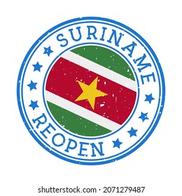 Suriname Reopening Stamp. Round badge of country with flag of Suriname. Reopening after lockdown sign. Vector illustration.