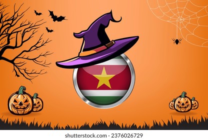 suriname round flag with Happy Halloween banner or party invitation background. bats, spiders and pumpkins, orange background