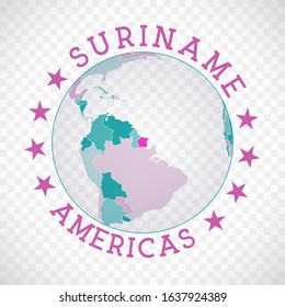 Suriname round logo. Badge of country with map of Suriname in world context. Country sticker stamp with globe map and round text. Attractive vector illustration.