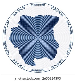 Suriname round logo design. Country shape build of rings. Suriname text around the country. Vector Illustration.