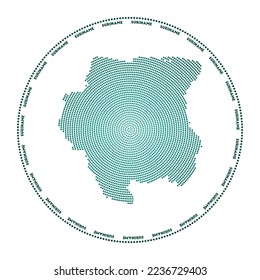 Suriname round logo. Digital style shape of Suriname in dotted circle with country name. Tech icon of the country with gradiented dots. Stylish vector illustration.