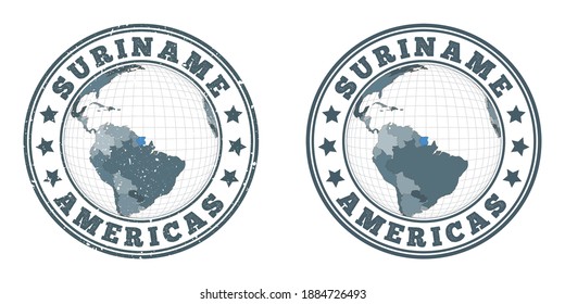 Suriname round logos. Circular badges of country with map of Suriname in world context. Plain and textured country stamps. Vector illustration.