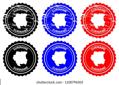 Suriname - rubber stamp - vector, Republic of Suriname (Surinam) map pattern - sticker - black, blue and red