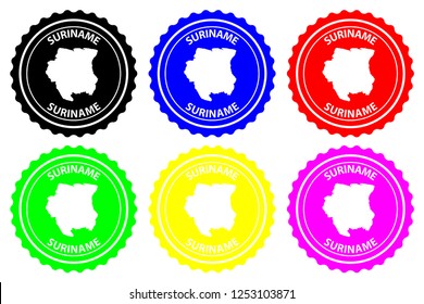 Suriname - rubber stamp - vector, Republic of Suriname (Surinam) map pattern - sticker - black, blue, green, yellow, purple and red