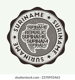 Suriname seal. Country round logo with shape of Suriname and country name in multiple languages wordcloud. Appealing emblem. Captivating vector illustration.