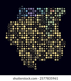 Suriname, shape of the country build of colored cells. Digital style map of the Suriname on dark background. Large size circle blocks. Abstract vector illustration.