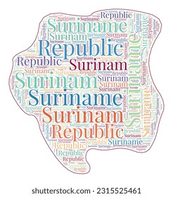 Suriname shape filled with country name in many languages. Suriname map in wordcloud style. Awesome vector illustration.