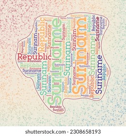 Suriname shape whith country names word cloud in multiple languages. Suriname border map on awesome triangles scattered around. Captivating vector illustration.