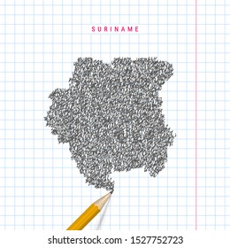 Suriname sketch scribble map drawn on checkered school notebook paper background. Hand drawn vector map of Suriname. Realistic 3D pencil.