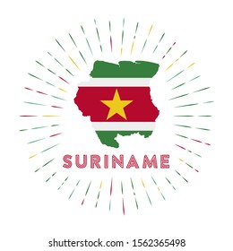 Suriname sunburst badge. The country sign with map of Suriname with Surinamer flag. Colorful rays around the logo. Vector illustration.