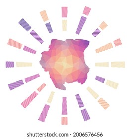 Suriname sunburst. Low poly striped rays and map of the country. Superb vector illustration.