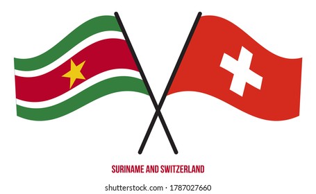 Suriname and Switzerland Flags Crossed And Waving Flat Style. Official Proportion. Correct Colors.