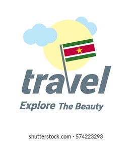 Suriname Travel Country Flag Logo. Explore the The Beauty lettering with Sun and Clouds and creative waving flag. travel company logo design - vector illustration