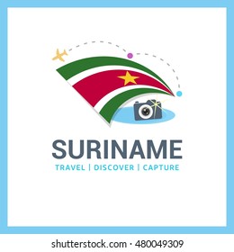 Suriname Travel, Discover, Capture logo - Vector travel Photographer logo design - Country Flag Travel, Discover and Photgrapher Conceptual logotype - vector illustration