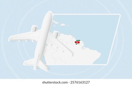 Suriname Travel Illustration with Plane and National Flag. Ideal for travel agencies, promotional materials, or geographic content related to Suriname.