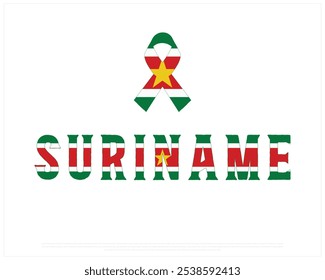 Suriname Typography with ribbon flag on a white background, Editable vector design of Suriname typography with flag, National Day Design, Suriname day design, Ribbon Flag typography design