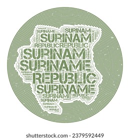 Suriname Vector Image. Country round logo design. Suriname poster in circular arcs and wordcloud style. Authentic vector illustration.