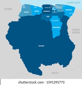 Suriname vector map in blue tones with separated provinces, states, departments and capitals. South America. 