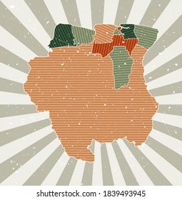 Suriname vintage map. Grunge poster with map of the country in retro color palette. Shape of Suriname with sunburst rays background. Vector illustration.