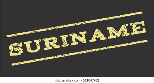 Suriname watermark stamp. Text caption between parallel lines with grunge design style. Rubber seal stamp with unclean texture. Vector khaki yellow color ink imprint on a gray background.
