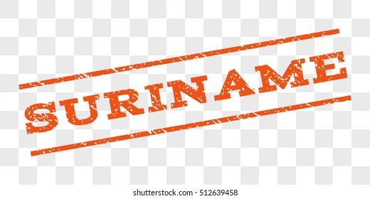 Suriname watermark stamp. Text caption between parallel lines with grunge design style. Rubber seal stamp with scratched texture. Vector orange color ink imprint on a chess transparent background.