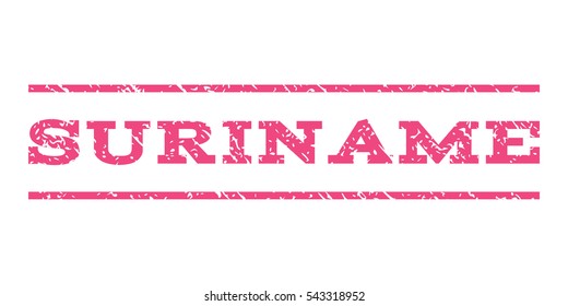 Suriname watermark stamp. Text caption between horizontal parallel lines with grunge design style. Rubber seal stamp with unclean texture. Vector pink color ink imprint on a white background.