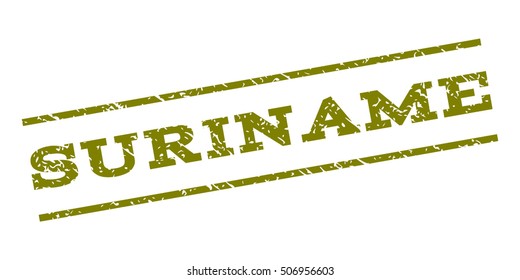 Suriname watermark stamp. Text tag between parallel lines with grunge design style. Rubber seal stamp with unclean texture. Vector olive color ink imprint on a white background.