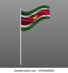 Suriname waving flag on metal pole. Vector illustration.
