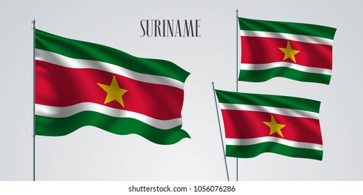 Suriname waving flag set of vector illustration. Yellow red colors of  Suriname wavy realistic flag as a patriotic symbol 