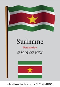 suriname wavy flag and coordinates against gray background, vector art illustration, image contains transparency