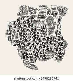 Suriname Word Cloud. Country with regions division. Suriname typographic text clouds vector image design. Vintage gazette style country shape image. Vibrant vector illustration.