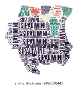 Suriname Word Cloud. Country shape with region division. Suriname typography style image. Region names tag clouds. Vector illustration.