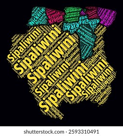 Suriname word cloud. Region names of the country in the Dutch language. Bright neon style design on a dark background. Suriname shape with administrative division. Awesome vector illustration.
