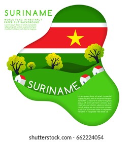 Suriname : World Flag in paper cut shapes with trees and mountains in the layers : Vector Illustration