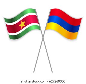 Surinamese and Armenian crossed flags. Suriname combined with Armenia isolated on white. Language learning, international business or travel concept.