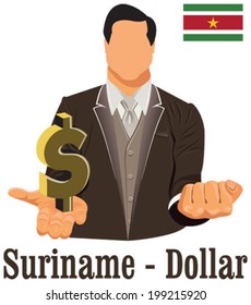 Surinamese currency symbol dollar representing money and Flag. Vector design concept of businessman in suit with his open hand over with currency isolated on white background in EPS10.