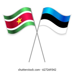Surinamese and Estonian crossed flags. Suriname combined with Estonia isolated on white. Language learning, international business or travel concept.
