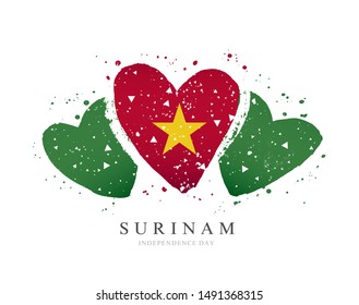 Surinamese flag in the form of three hearts. Vector illustration on a white background. Brush strokes are drawn by hand. Suriname Independence Day.