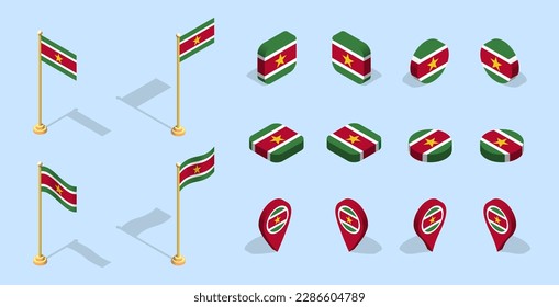 Surinamese flag (Republic of Suriname). 3D isometric flag set icon. Editable vector for banner, poster, presentation, infographic, website, apps, maps, and other uses.